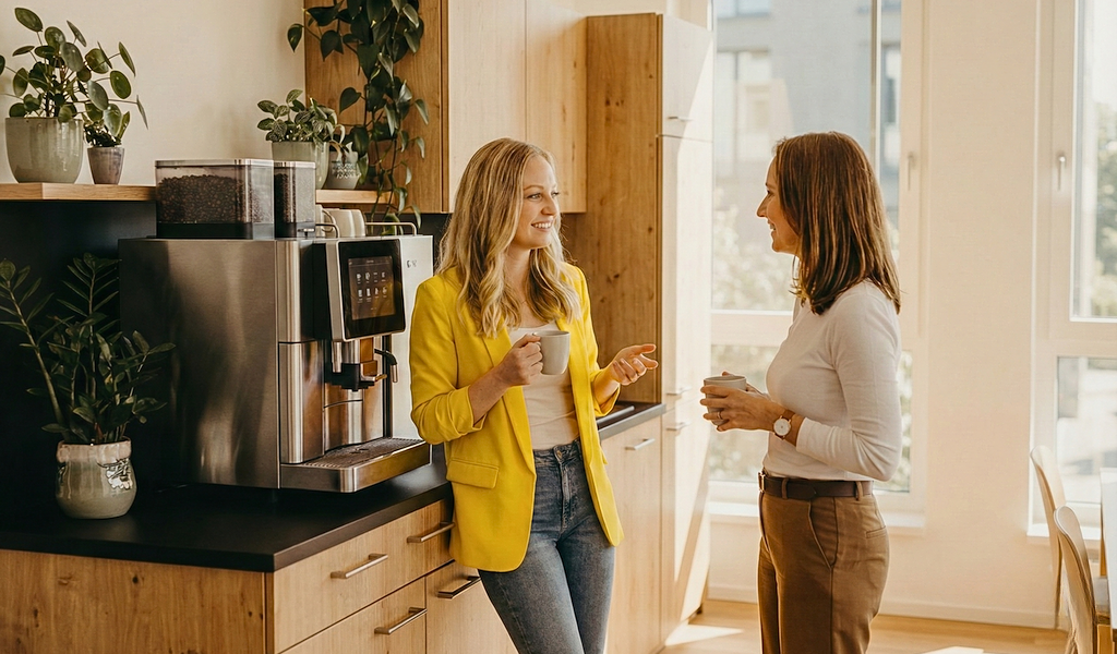 Themen finden für LinkedIn im Arbeitsalltag – Gespräch in der Kaffeeküche