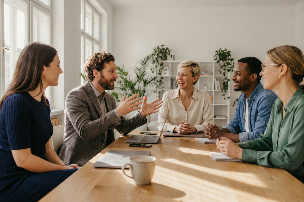 Team von Professionals in offener Diskussion am Tisch in modernem Büro zeigt gelebte Unternehmenskultur und psychologische Sicherheit