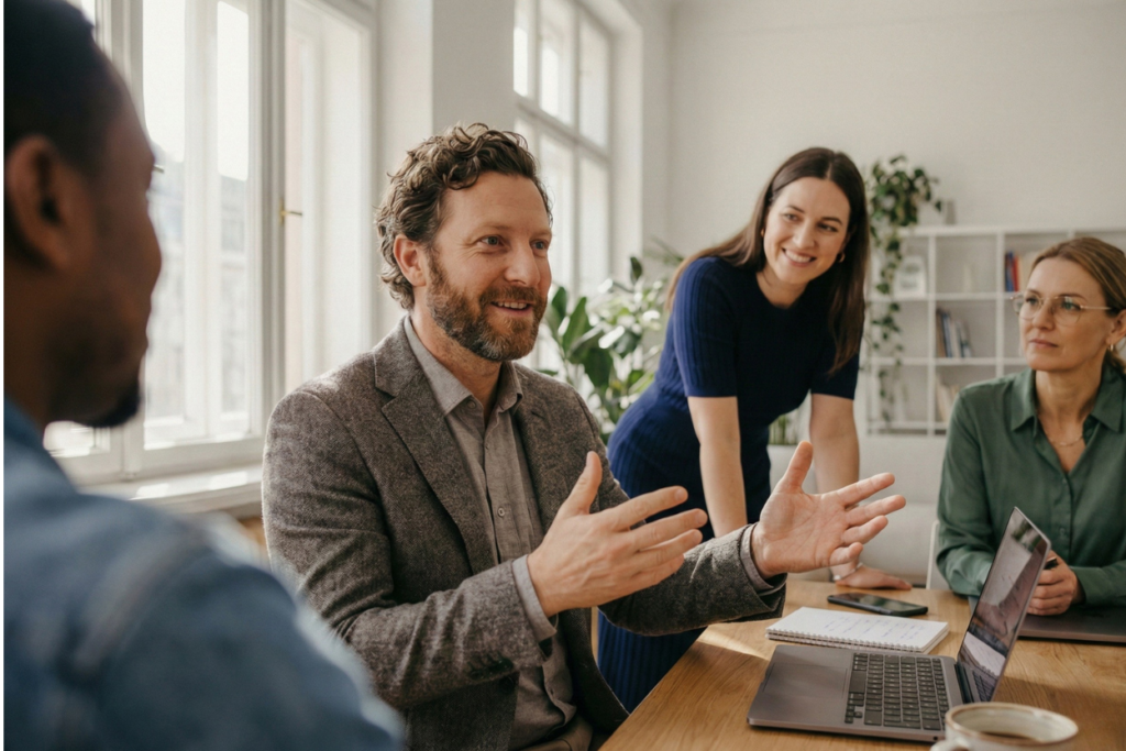 Professional präsentiert selbstbewusst vor Kolleg:innen und zeigt psychologische Sicherheit und Akzeptanz in der Unternehmenskultur