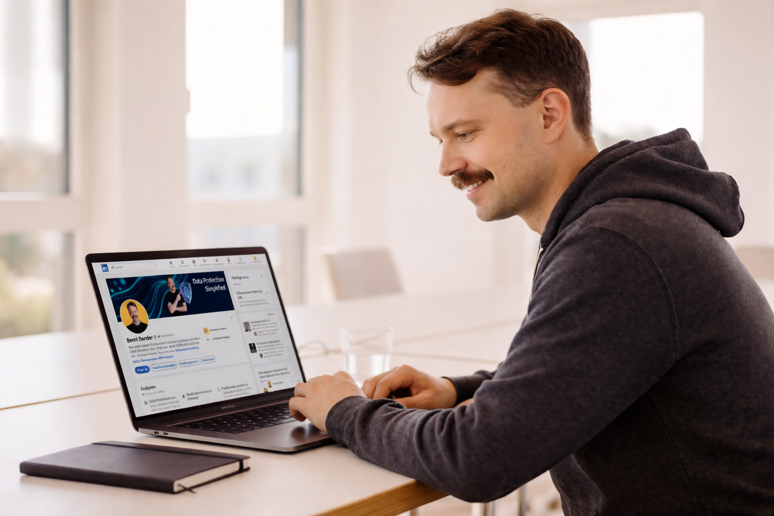 LinkedIn Header erstellen – Mann gestaltet ihr LinkedIn Banner am Laptop