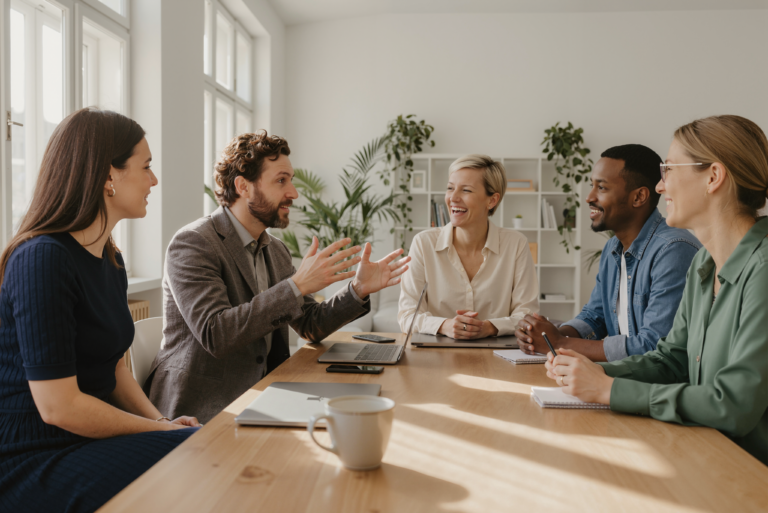 Team von Professionals in offener Diskussion am Tisch in modernem Büro zeigt gelebte Unternehmenskultur und psychologische Sicherheit