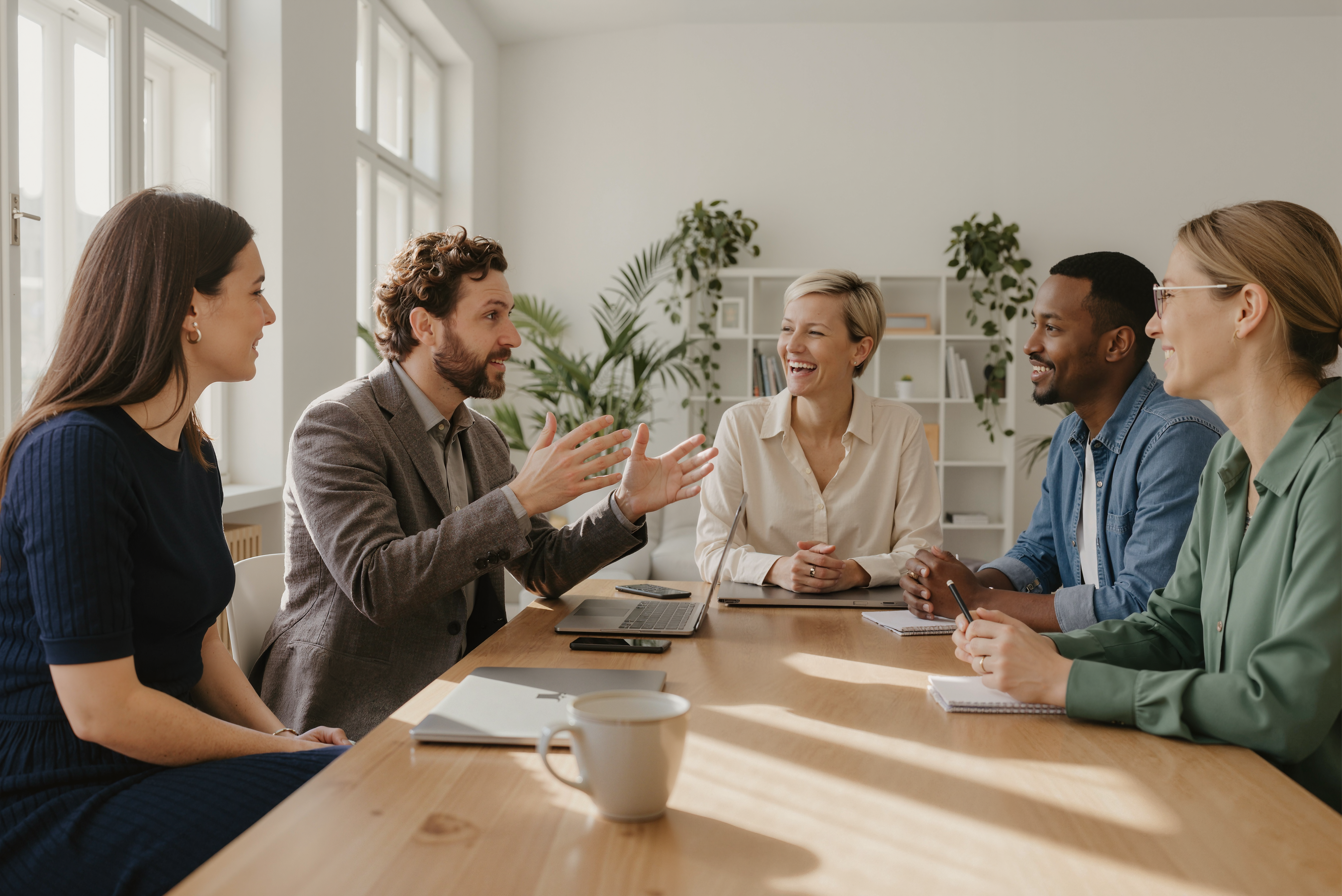 Team von Professionals in offener Diskussion am Tisch in modernem Büro zeigt gelebte Unternehmenskultur und psychologische Sicherheit