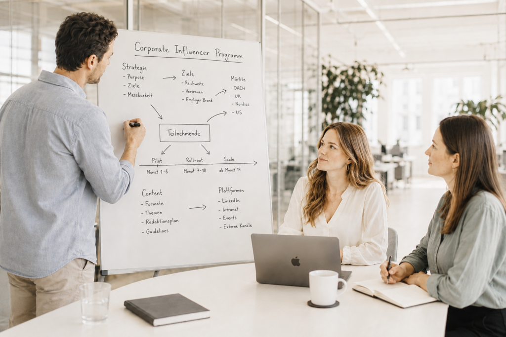 Drei Personen planen gemeinsam an einem Whiteboard ein Corporate Influencer Programm – mit Notizen zu Strategie, Zielen und Märkten