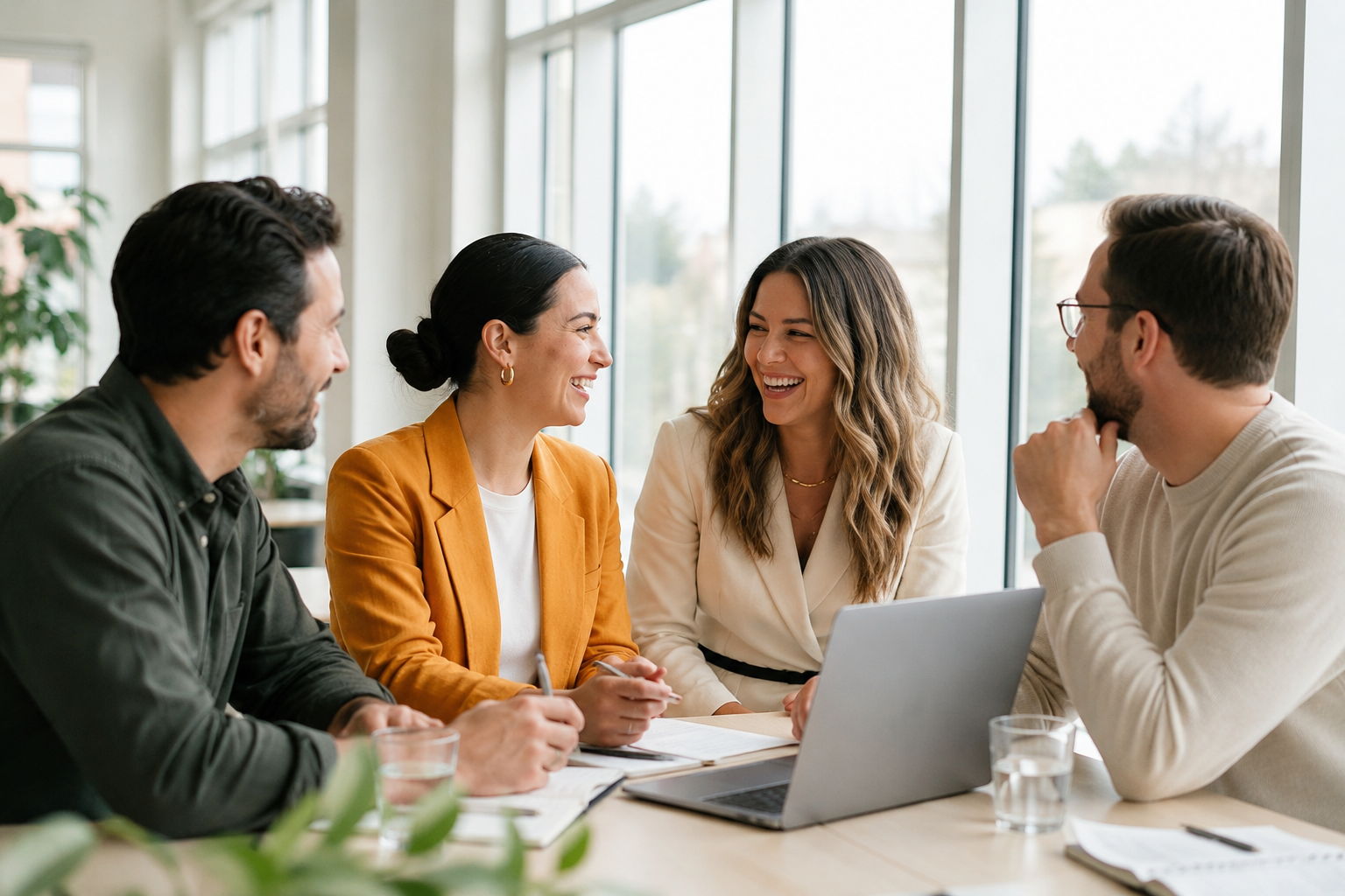 Team bespricht Employer Branding Strategie auf LinkedIn im Büro