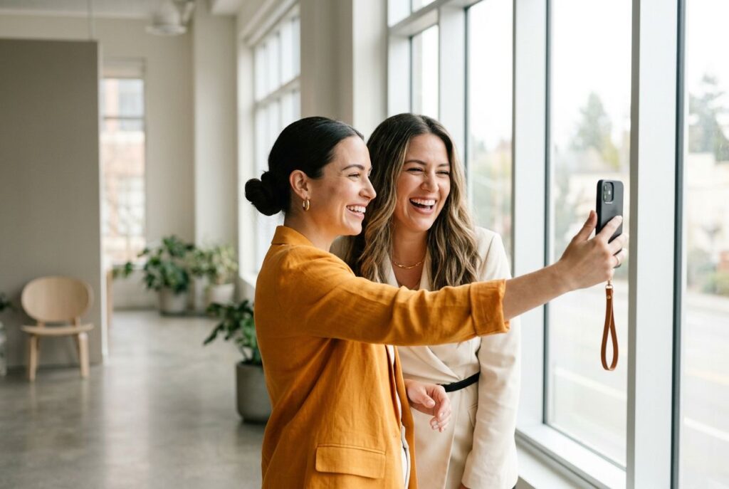 Zwei Kolleginnen erstellen gemeinsam LinkedIn Content als Corporate Influencer