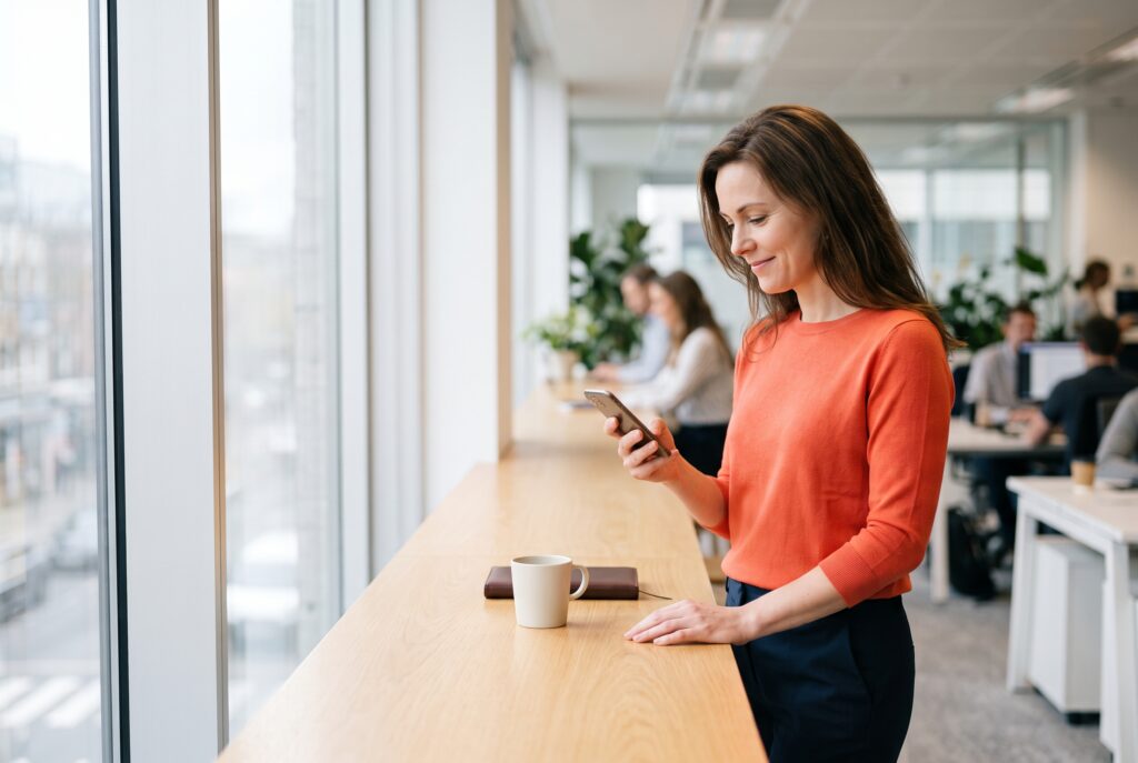 Frau prüft ihre LinkedIn About Section auf dem Smartphone