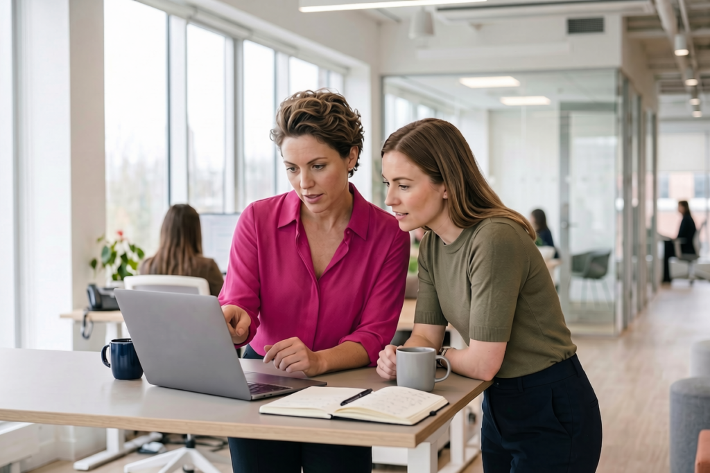 Zwei Kolleginnen besprechen gemeinsam eine LinkedIn-Content-Strategie am Laptop im Büro