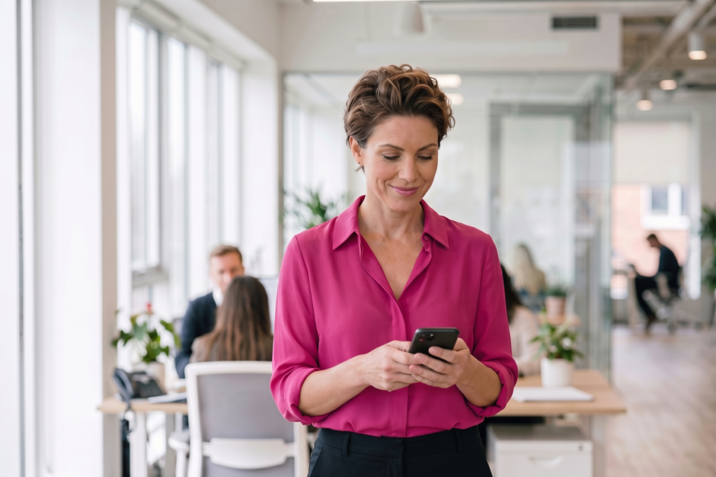 Führungskraft prüft LinkedIn-Aktivität auf dem Smartphone im Büro